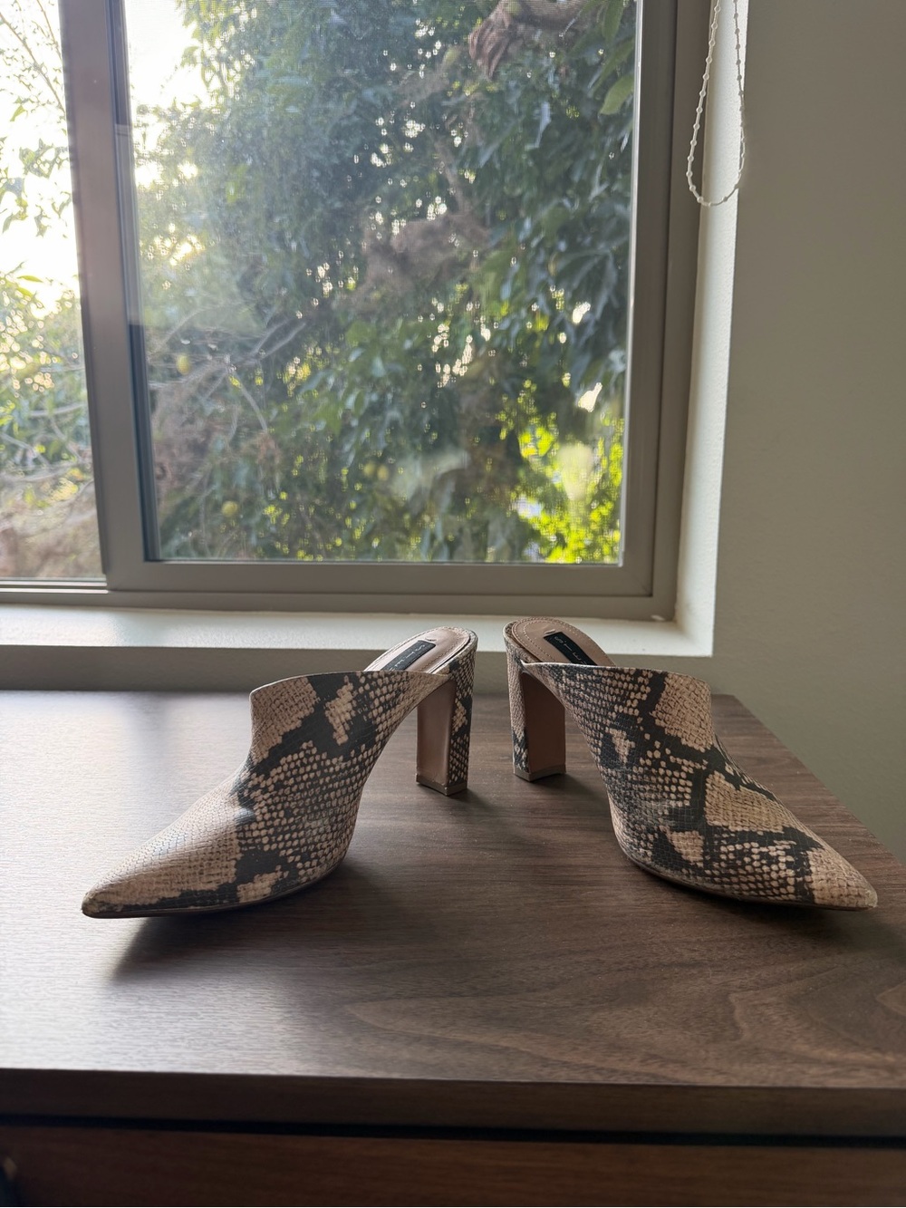 Steven By Steve Madden Snakeskin-Print Pointed Mule Heels in Beige and Black